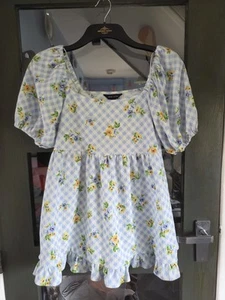 Newlook Blue & White Check Yellow Floral Crepe Stretch Long Summer Top Size 10 C - Picture 1 of 7