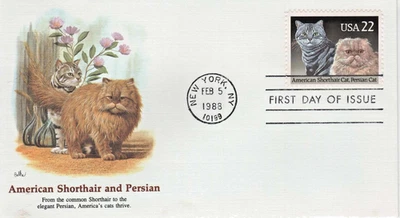 American Shorthair & Persian Cat ~ 1st Day Of Issue ~ Feb 5, 1988 ~ NY 10199 - Image 1 of 2