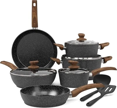 Saucepan Set Induction Pots Set 12 Piece Black Granite Saucepan Set Non Stick C661 - Image 1 of 4