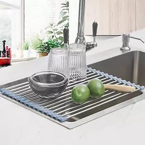 Stainless Steel Over-Sink Drying Rack – Roll-Up Dish Drainer, Heat-Resistant Mat - Picture 1 of 13