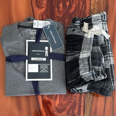 CONJUNTO DE ROPA DE DORMIR ASHFORD & BROOKS Para hombres Talla L Jersey LS Top Franela Parte Inferior Pijama Foto 1 de 4