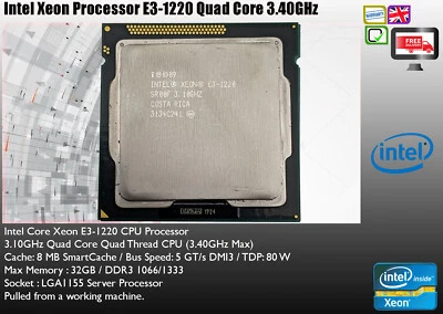 2x Intel Xeon E3-1220 SR00F 3.10GHz (3.40GHz) 1155 Quad 4 Core Processor EA2102 - Image 1 of 2