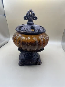 VTG decorative ornate crackle glass potpourri bowl resin lid & stand Amber color - Picture 1 of 12