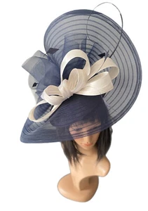 SNOXELL & GWYTHER NAVY IVORY 2421 85 WEDDING OCCASION FORMAL HATINATOR HAT - Picture 1 of 4