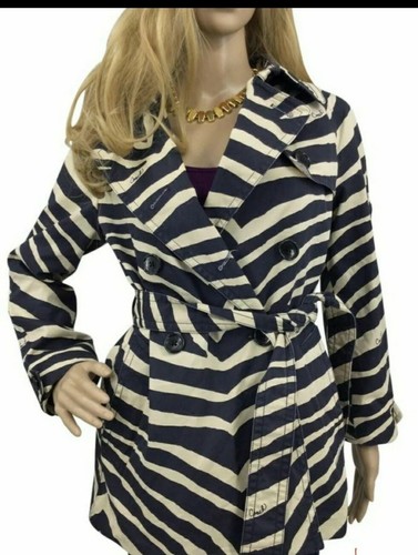 Trench corto Coach con cintura doppiopetto righe zebrate blu avorio piccolo