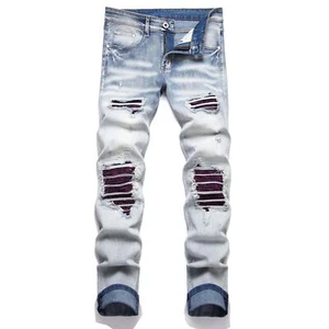 Men's Patch Ripped Stretch Regular Fit Jean 30 6640 Blue - Picture 1 of 9