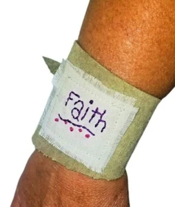 Hand Embroidered Faith Bracelet Religious Christian Jewelry Wide Leather Cuff - Picture 1 of 9