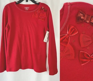 Toughskins Youth Girls Lg. Sleeve Waffle Knit Top w/Bows & Sequins Red Sz. M 5/6 - Picture 1 of 9