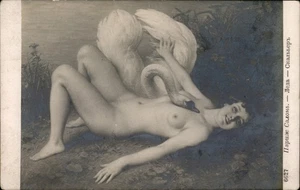 Postal Art Nouveau con mujer desnuda y cisne, vintage - Imagen 1 de 2