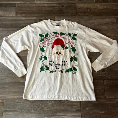 Camiseta Hecha a Mano Feliz Navidad Yall Santa Claus Holly Festiva Manga Larga XL Foto 1 de 4