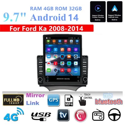 Radio estéreo para automóvil 9,7"" Android 14 4 GB+32 GB navegación GPS para Ford Ka 2008-2014 Foto 1 de 4