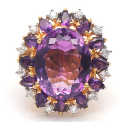 Anillo de plata de ley 925 con piedras preciosas moradas amatista y circonitas blancas sin calentar talla 7 Foto 1 de 4