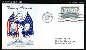 US SC 793 FDC CON SELLO ""HÉROES DE LA MARINA"" 23 DE MARZO DE 1937 4 ¢ SAMPSON, DEWEY Y SCHLEY - Imagen 1 de 1