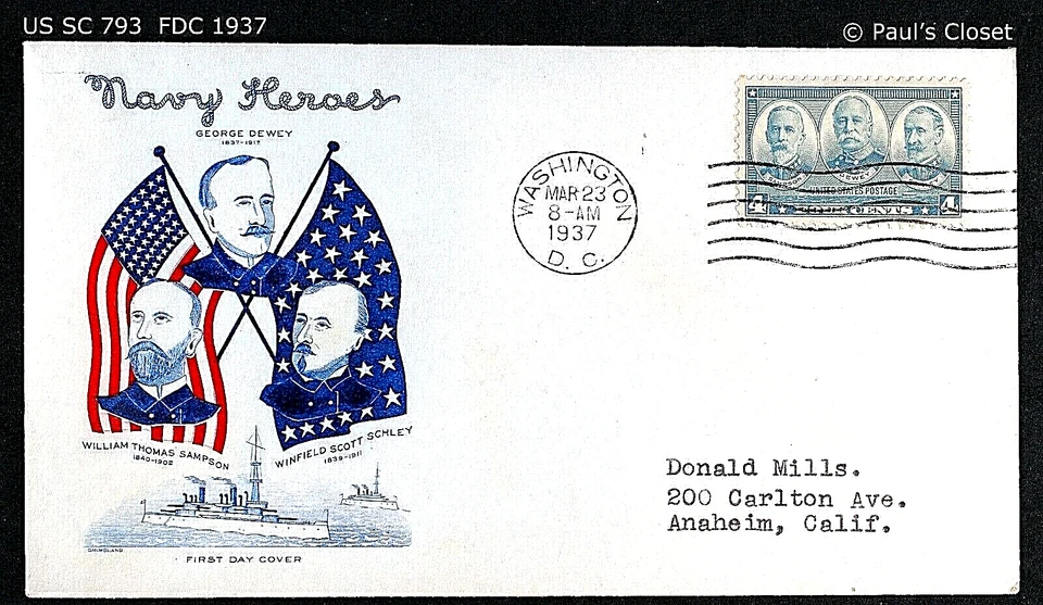 US SC 793 FDC WITH CACHET "NAVY HEROES" 23 MAR 1937 4¢ SAMPSON, DEWEY, & SCHLEY - Image 1 of 1
