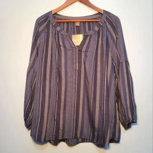 NWT Eddie Bauer Striped Pullover Top Womens XL Tranquil Long-Sleeve Split-Neck - Picture 1 of 11