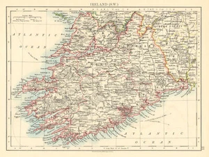 MUNSTER. Clare Cork Kerry Limerick Waterford &c.SW Ireland. JOHNSTON 1899 map - Picture 1 of 2