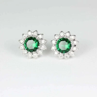 3Ct Round Cut Simulated Green Emerald Halo Stud Earrings 14k White Gold Plated - Image 1 of 4