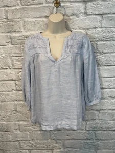 Prenda para el torso de lino JOIE cuello en V pintuck acento manga 3/4 azul claro pequeña - Imagen 1 de 7