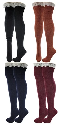 4 Pairs Women's Wool Cable Knit Knee High Thigh High Winter Boot Socks Lace - Image 1 of 4