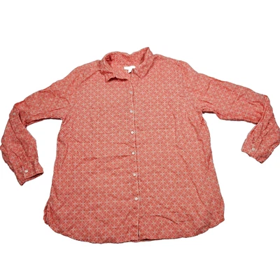 Camisa 100 % lino coral azulejo geométrico manga larga lengüeta enrollable con bolsillos en el pecho Foto 1 de 4