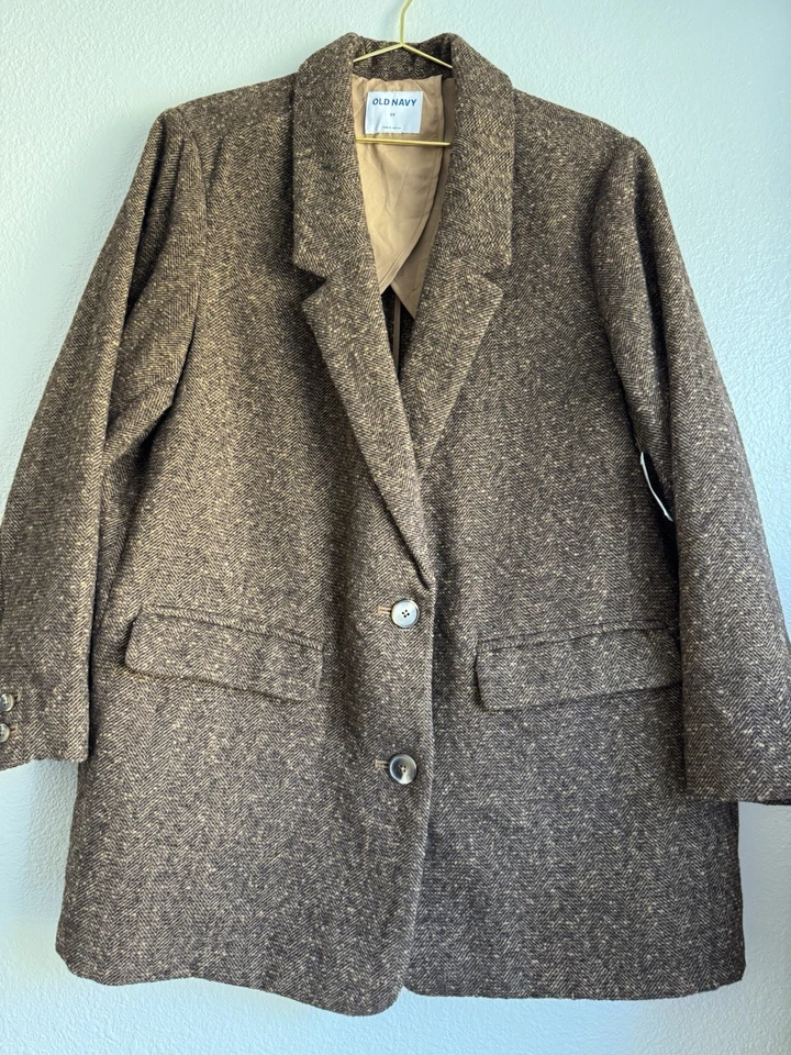 ¡NUEVO CON ETIQUETAS! Abrigo de mujer Old Navy con botones espiga chaquetón marrón tweed chaqueta talla: 2X Foto 1 de 4