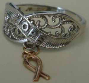 Very Nice Sterling Breast Cancer Awareness HOPE Ring With Filigree Ribbon Charm  - Foto 1 di 5