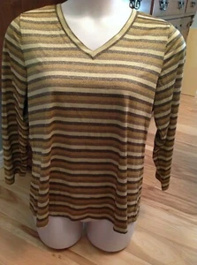 Avenue Stretch gold & braun gestreift V-Ausschnitt Top Urlaub/Party LS 14/16 EUC - Bild 1 von 5