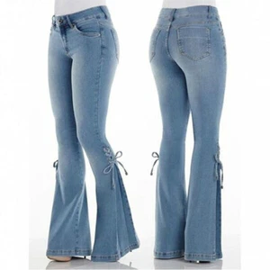 Bootcut Denim Jeans Stretch Schlaghose Unterteil Hose Damen Freizeit Schnürung - Bild 1 von 11