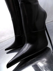 1969 Made in Italy Nappa Leather High Heels Iconic Pointy Boots Black 37 - Picture 1 of 12