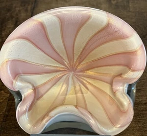 Vintage Murano Alfredo Barbini Glass Bowl Circus Tent ~ Pink & White & Gold - Imagen 1 de 7