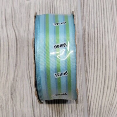 Offray Wired Ribbon Picnic Blue Green Stripes Spring Wreath Bow 10 Yards 1.5" - Image 1 of 3