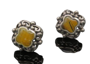 925 Sterling Silver Vintage Inlaid Tiger's Eye Floral Stud Earrings EG5529 - Picture 1 of 5