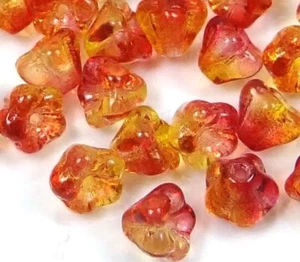 25 Czech Glass Baby Bell Flower Beads - Dual Coated - Fuchsia/Lemon 6x4mm - Picture 1 of 3