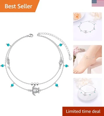 Turquoise Accented S925 Sterling Silver Anklet - Heart Charm & Adjustable Length - Image 1 of 4