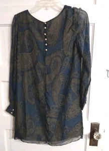 Love21 100% Seide Langarm Tunika Top Paisley Print Perlen Knöpfe Rundhals SP - Bild 1 von 6