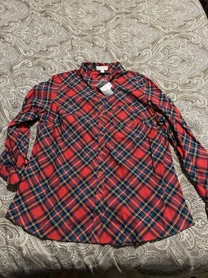 Top Kim Rogers para mujer XL rojo a cuadros manga larga lengüeta enrollable botón delantero algodón nuevo con etiquetas Foto 1 de 4