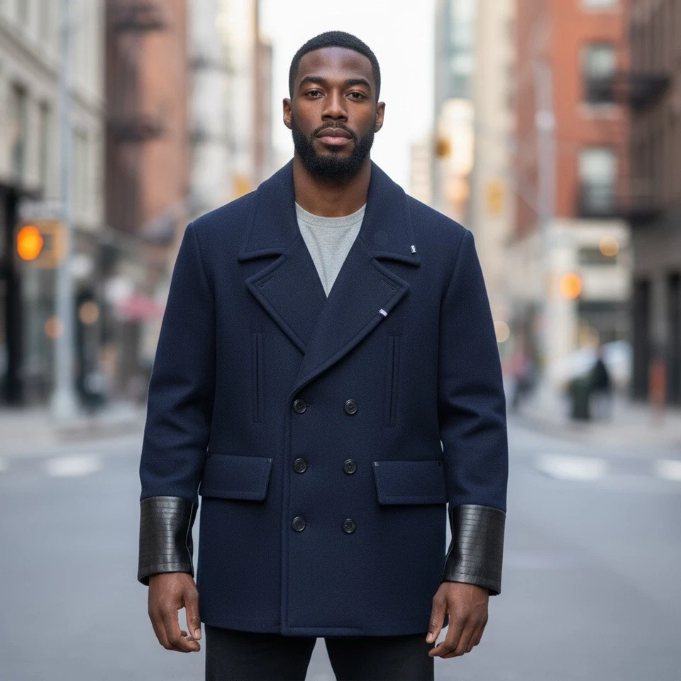 Chaqueta Abrigo Hombre Karl Lagerfeld Azul Mezcla Lana Guisante XXL NUEVA CON ETIQUETAS - Ventas al por menor $695 Foto 1 de 4