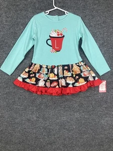 Ricrac & Ruffles Girls Size 5 Blue L/S Monogrammed “L” Peppermint Cafe Dress NWT - Picture 1 of 4