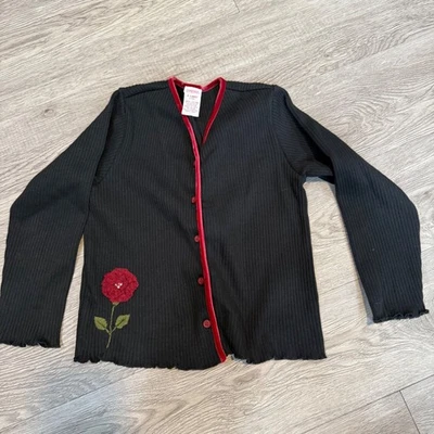 Gymboree Black Ribbed Button Up Cardigan Red Rose Victorian charm Kids XL 6 - Image 1 of 4