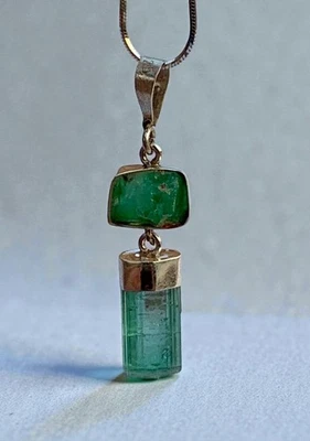 Pingente de cristal de turmalina cru e esmralda cru em prata esterlina 925 - feito à mão - Imagem 1 de 4