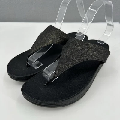 Fitflop Lulu Shimmerlux Toe-Post Sandals Womens 8 Black Gold Wedge Heels EU9-090 - Image 1 of 4