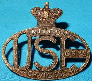 GENUINE USC UNITED SERVICES CORPS BRITISH MILITARY CAP BADGE - 2 LUGS - Picture 1 of 2