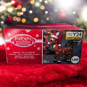 Rudolph the Red-Nosed Reindeer w/ Santa Hat Christmas 36" Pre-Lit Yard Art - Picture 1 of 11