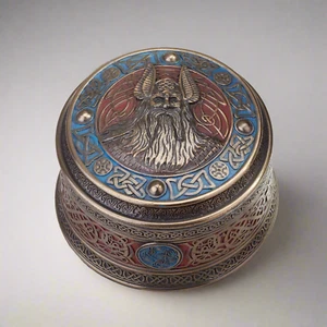 Caja de baratijas vikingas Odín - Soporte de recuerdo redondo detallado de la mitología nórdica - Imagen 1 de 6