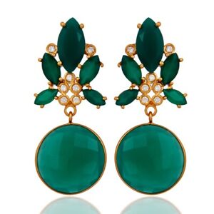 Women's Party Wear Earring In Gold Plated With Green Onyx & CZ For Stunning Gift