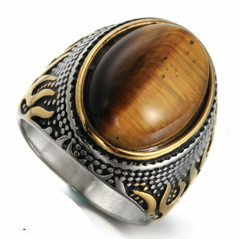 Mens Stainless Steel Gold Natural Oval Tiger Eye Stone Ring Men Size 7-15 Gift - image 1 of 4