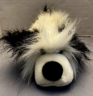 复古蓬松毛茸茸的狗填充动物白色黑色长毛皮豆填充毛绒玩具 — 第 1/4 张图片