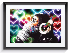 MONKEY DJ CHIMPANCÉ AMOR CALLEJERO ARTE DE PARED ENMARCADO PÓSTER IMPRESIÓN OBRA DE ARTE GORILA A3 A4 - Imagen 1 de 15