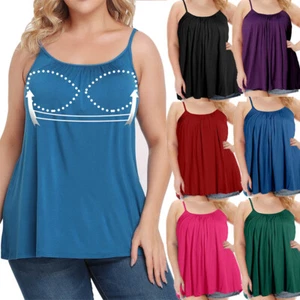 Plus Size Women Tank Tops with Built in Bra Camisole Casual Flowy Vest Loose Fit - Picture 1 of 31