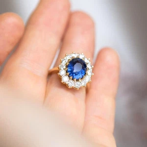 Vintage Style 3Ct Oval Cut Blue Sapphire Halo Ring 14K Yellow Gold Finish UK J-T - Picture 1 of 8